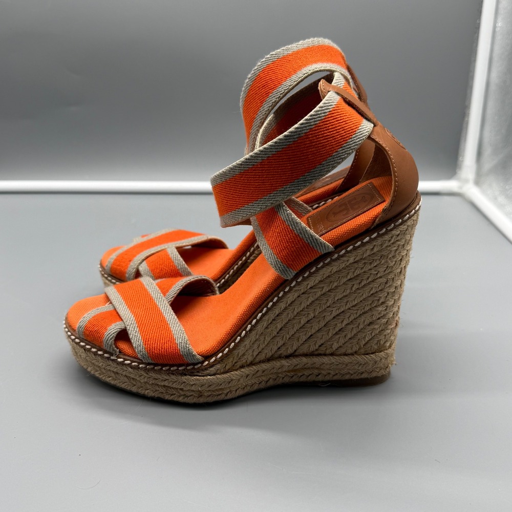 Tory Burch Adonis Orange Canvas Espadrille Wedge Sandals Womens 6B Spain Luxury